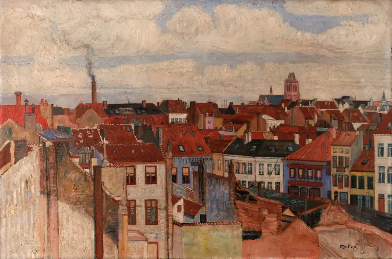Rooftops and clouds in a landscape by James Ensor, 1901