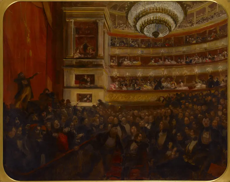 A theater scene with a chandelier, a performer on stage, and an animated audience in black coats and white collars.