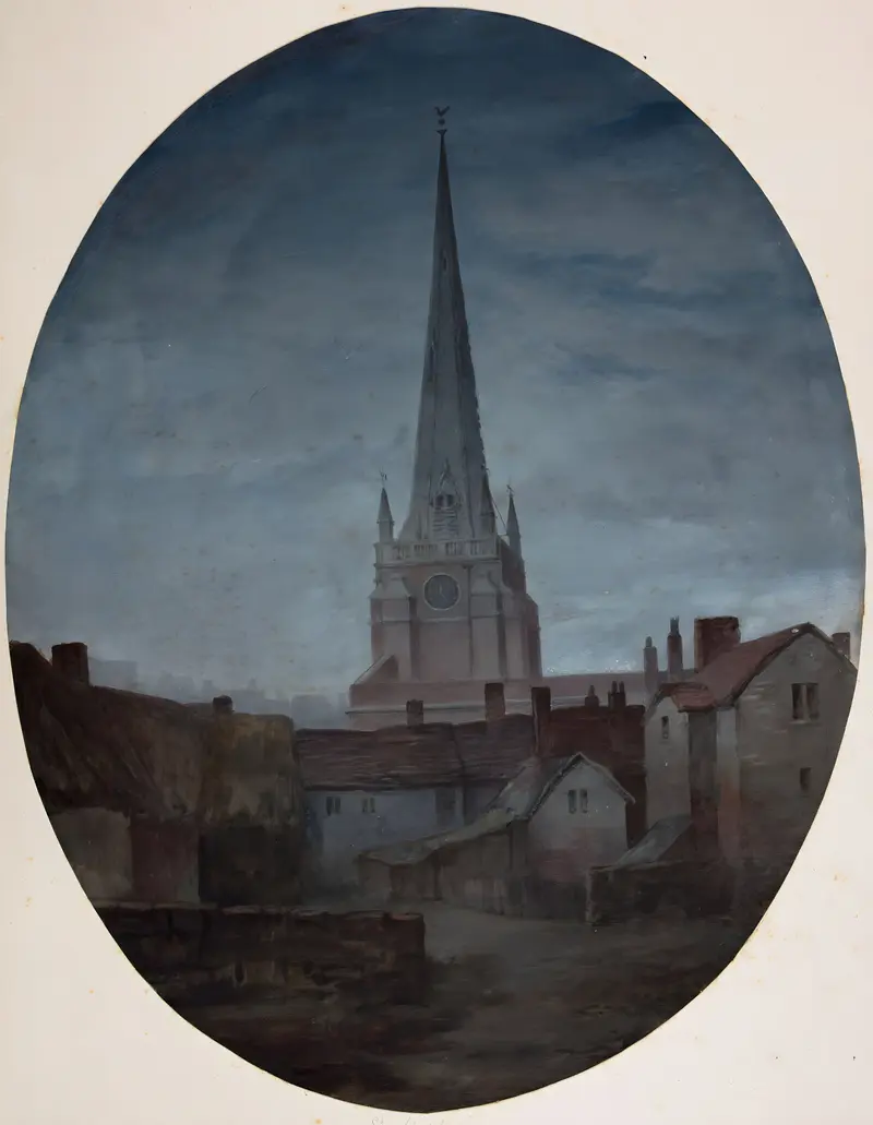 St Martin’s Church Birmingham, By Night by Elijah Walton, oil painting depicting illuminated church façade at night