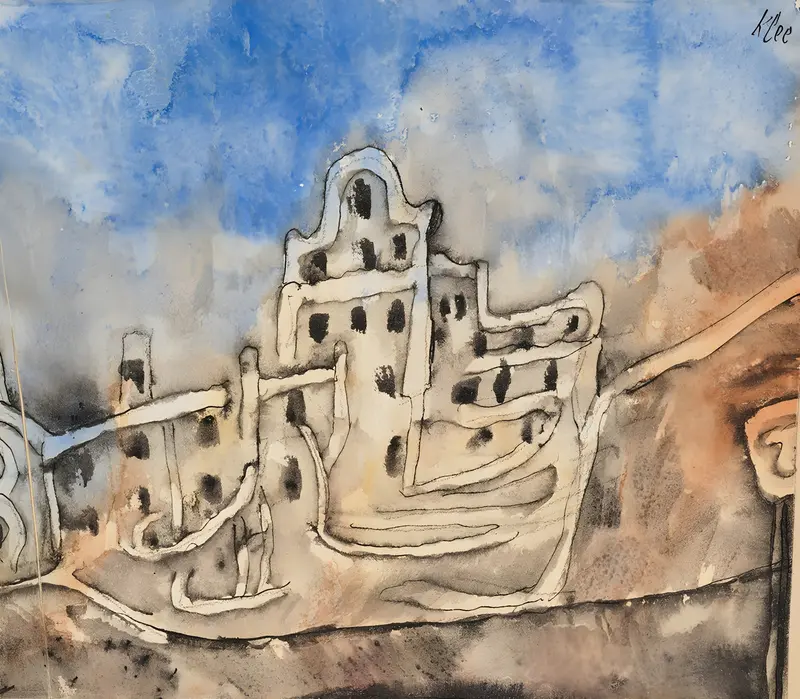 Paul Klee's 'Der Palast' features abstract architectural forms and vibrant colors.