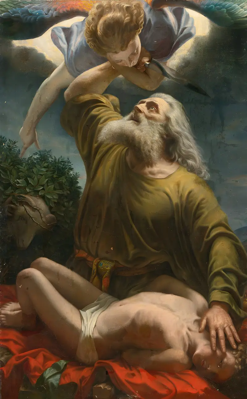 The painting depicts the biblical story of Abraham and Isaac.