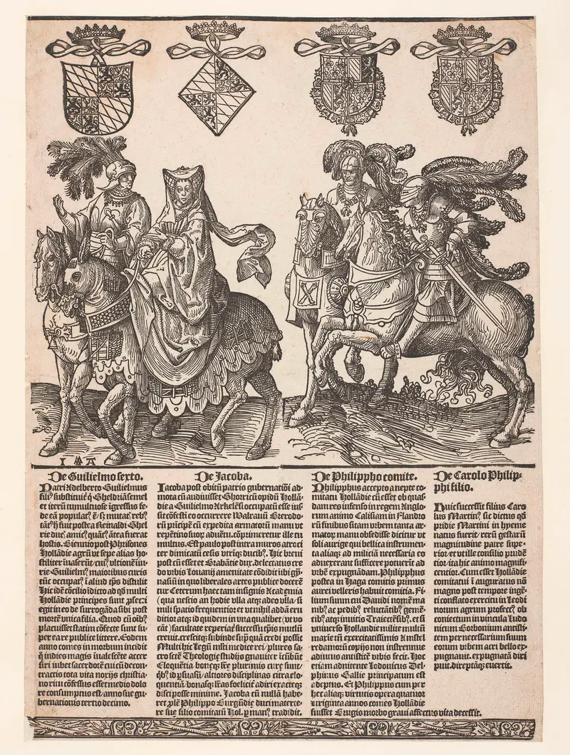Historical portrait of Willem VI, Jacoba van Beieren, Filips de Goede en Karel de Stoute, paper by Jacob Cornelisz van Oostsanen