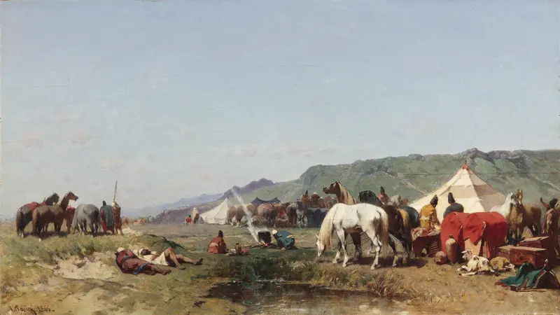 Oil painting by Alberto Pasini depicting a desert campfire with figures in warm light.