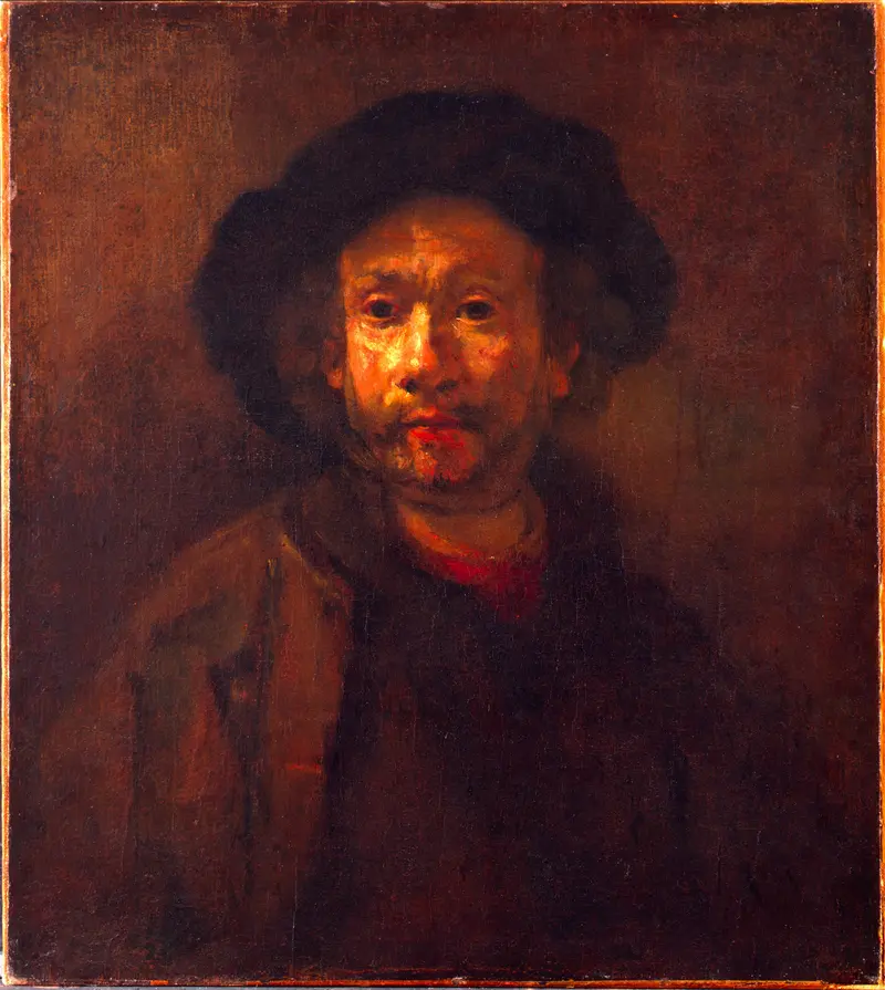 Self-portrait of Rembrandt van Rijn, showcasing his introspective gaze and aged features.