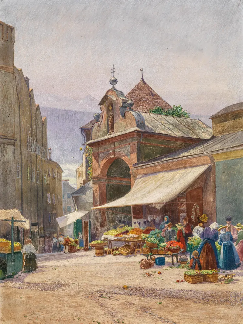 Genre scene of Markt in Hall by Hans Wilt, oil on canvas depicting a marketplace with warm light.
