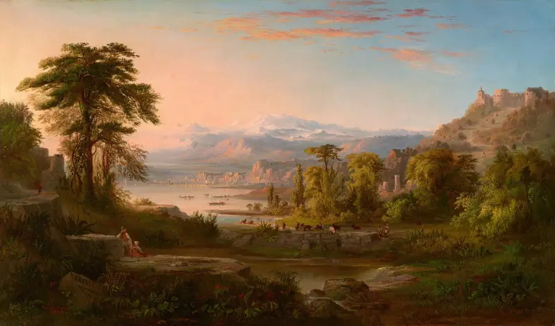 A Dream of Italy by Robert S. Duncanson, oil on canvas depicting hills, vineyards, and a serene lake.