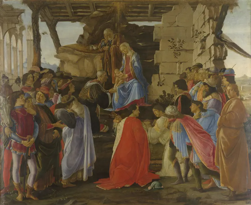 A crowd of richly dressed figures surrounds the Virgin Mary and Christ Child seated beneath a wooden shelter in front of a crumbling stone wall.