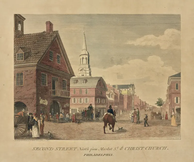 Engraving by William Russell Birch depicting Christ Church and a cobblestone street