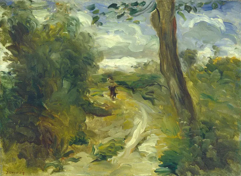 Landscape between Storms by Pierre-Auguste Renoir, oil painting of serene hills and turbulent clouds