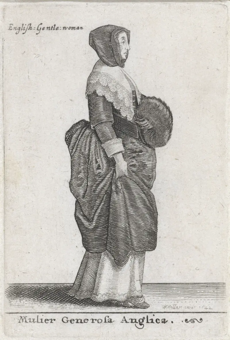 Etching of a dignified woman in a gown by Wenceslaus Hollar, 1642