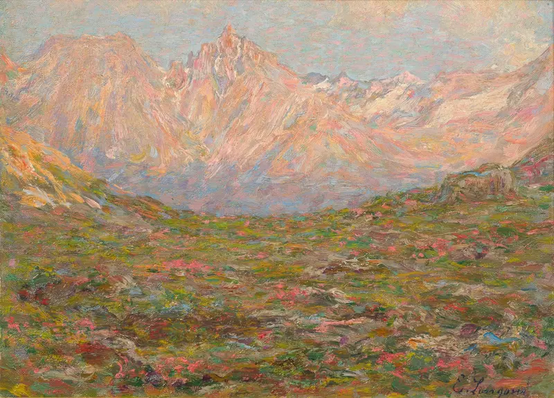 A Mountain Landscape by Emilio Longoni, oil on canvas depicting mountains and a serene sky.