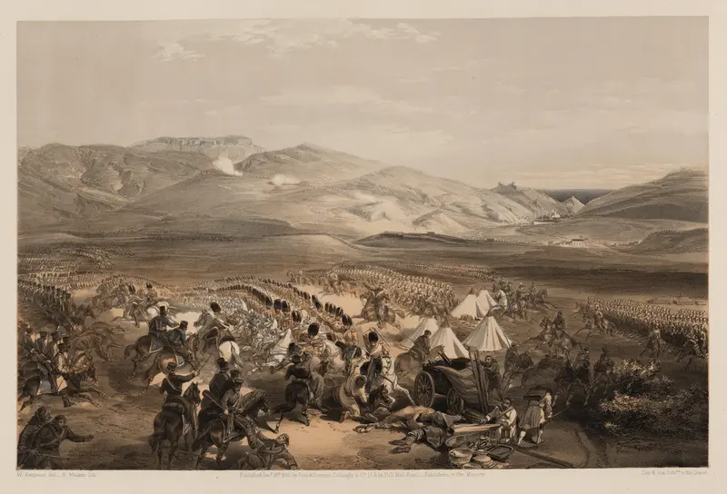 Charge of the heavy cavalry brigade, ink on paper by William Simpson