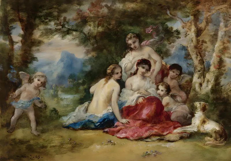 A painting depicting the mythological Hamadryads in a lush forest setting.
