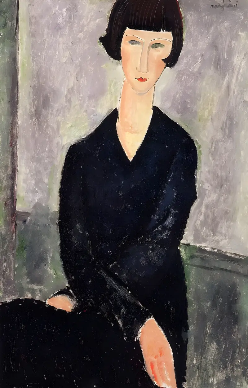 Amedeo Modigliani's 'The Black Dress' features a woman with elongated features and a mask-like face.