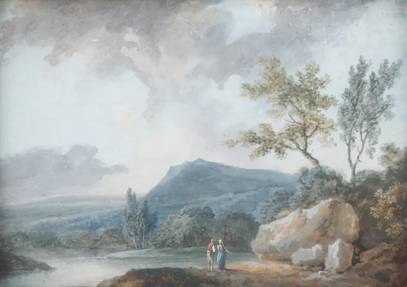 Landschaft by Johann Christian Brand, oil on canvas depicting a misty landscape with trees and soft colors.
