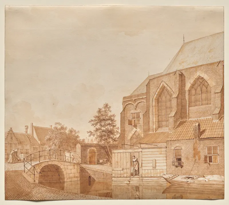 A View of the Nieuwe Kerk, Delft by Johannes Huibert Prins, oil painting depicting the church's spire.