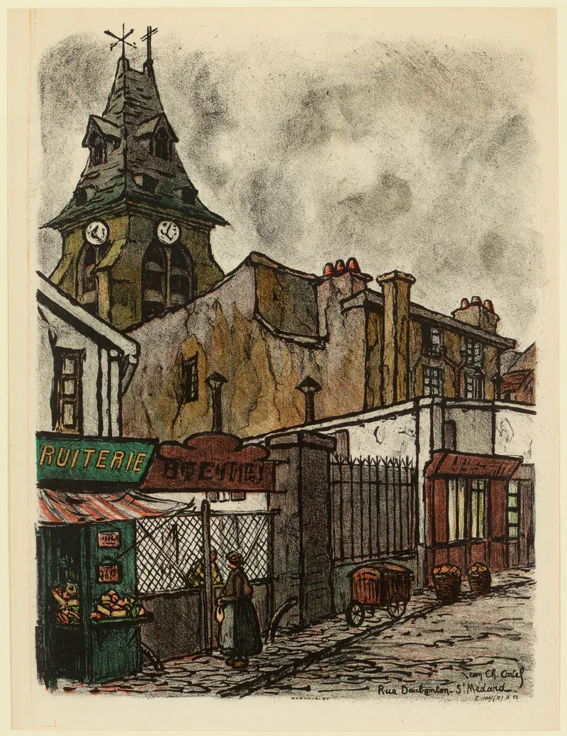 Rue Daubenton by Jean-Charles Contel, oil on canvas depicting a quiet Paris street in afternoon light.