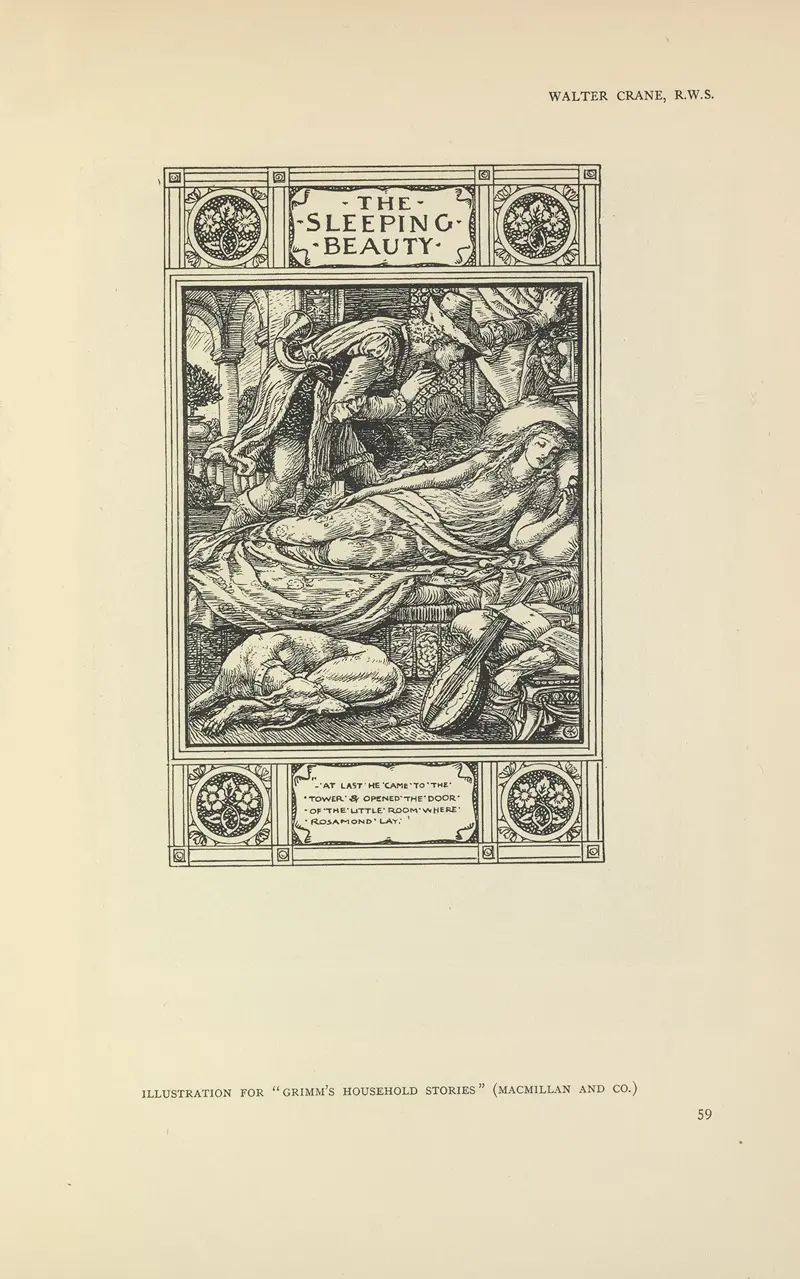Walter Crane's 'The Sleeping Beauty' illustrates a classic fairy tale scene.