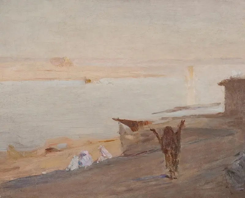Ganges River under a golden sun, oil on canvas by Jan Ciągliński