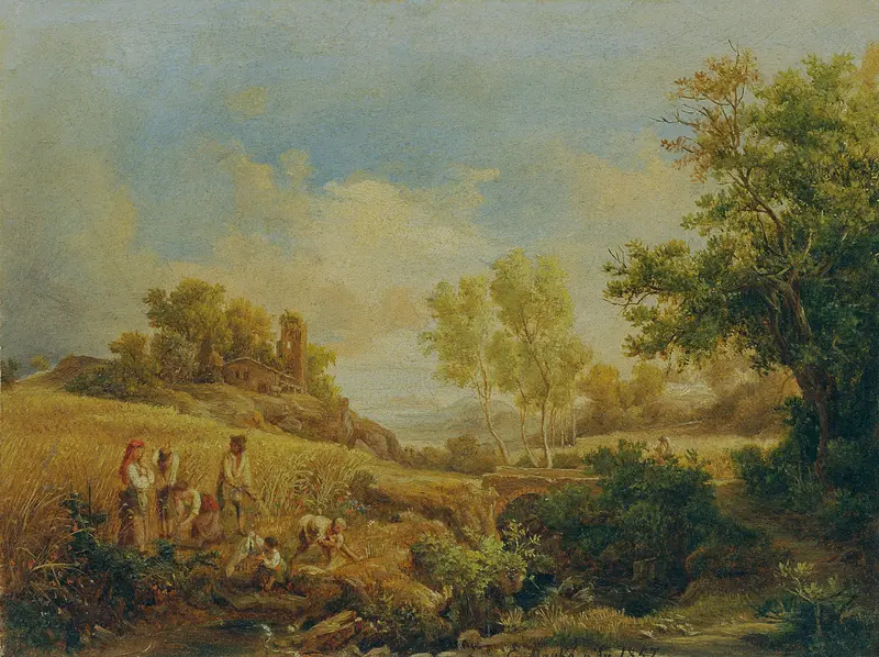 Landschaft mit Heuernte, oil on canvas by Károly Markó, featuring golden haystacks in a vibrant landscape.