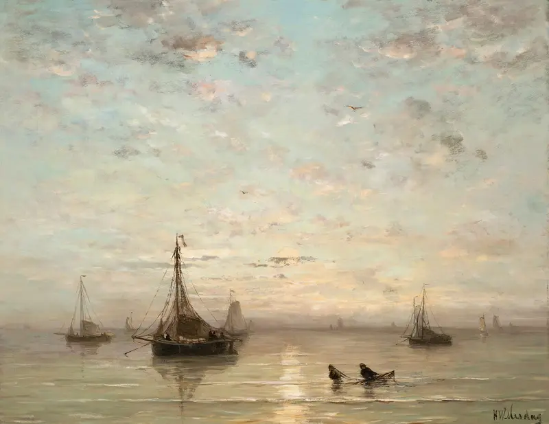 Fishing boats at sunset, oil on canvas by Hendrik Willem Mesdag