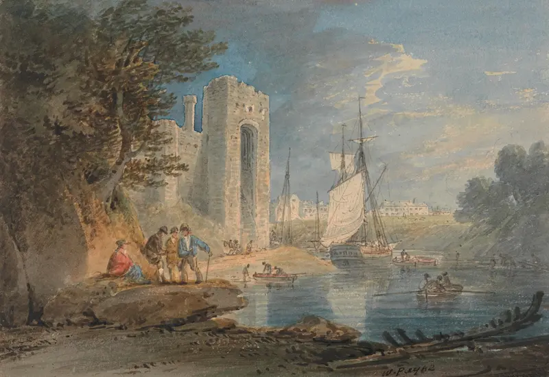 Watercolour by William Payne depicting hills and a river in Caernarvon, Wales