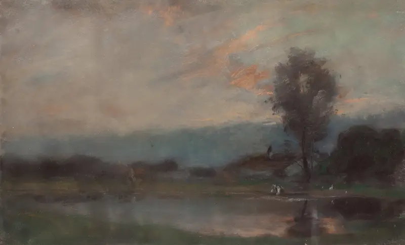 Dusk Landscape by Joseph Frank Currier, oil painting depicting a twilight scene with rolling hills.