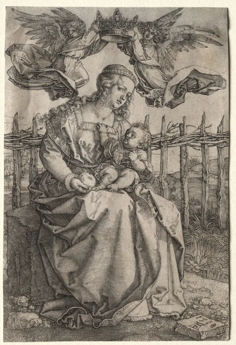 A painting depicting the Virgin Mary crowned by two angels.