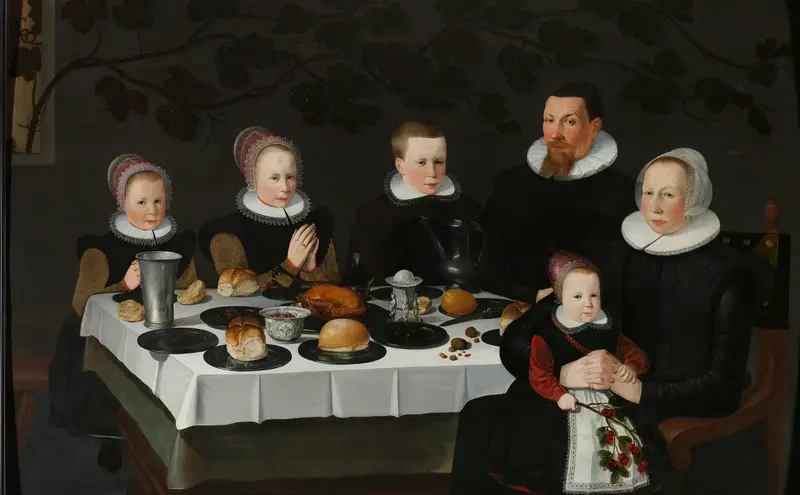 Genre scene of a family praying at a table, oil on panel by Unknown Artist