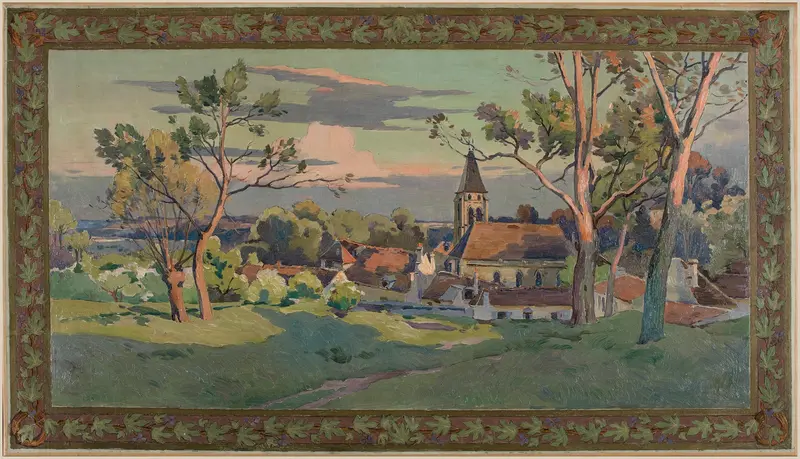 Village avec une église, oil painting by Paul Léon Felix Schmitt, featuring a church and lush greenery.