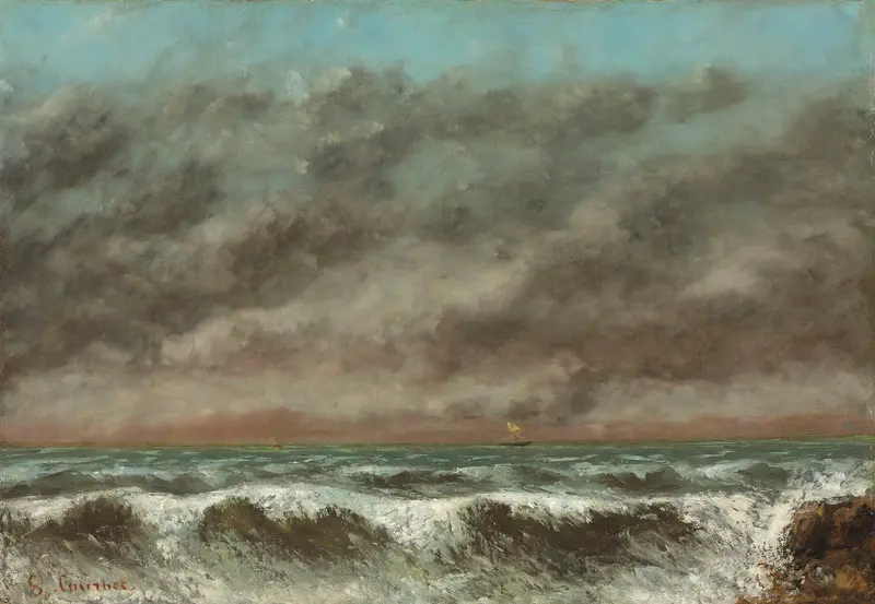 Marine by Gustave Courbet, oil painting depicting tumultuous waves and a grey sky.