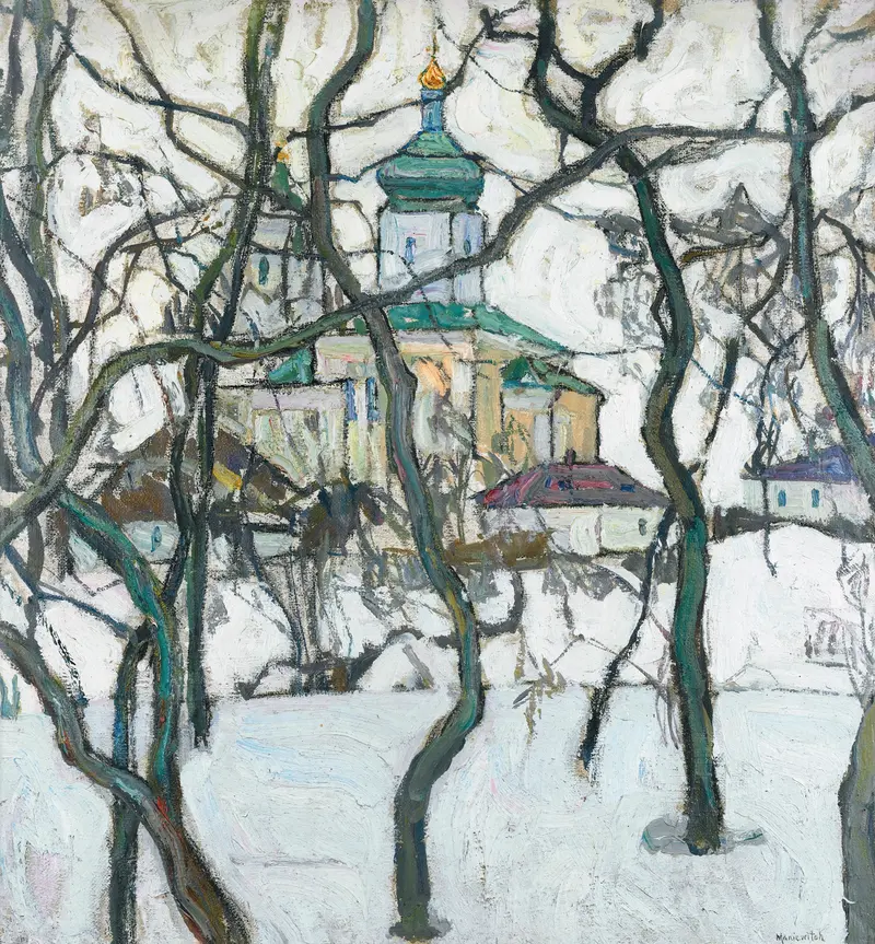 Winter scene with church in snow, oil painting by Abraham Manievich