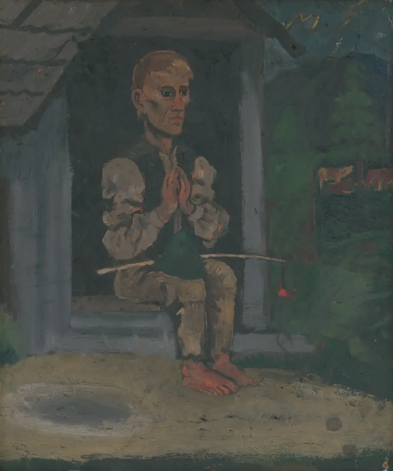 A figure sits barefoot at a threshold, hands pressed together in a gesture of prayer or patience, framed by a shadowed porch.