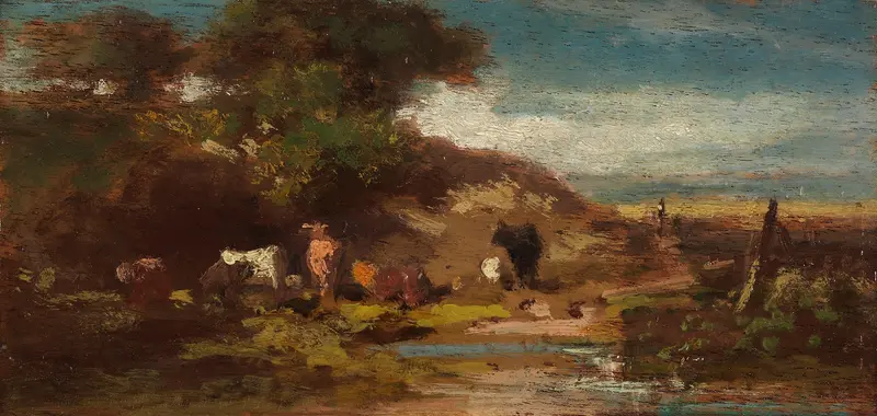Landschaft mit Kühen by Carl Spitzweg, oil on canvas depicting cows in a tranquil landscape.