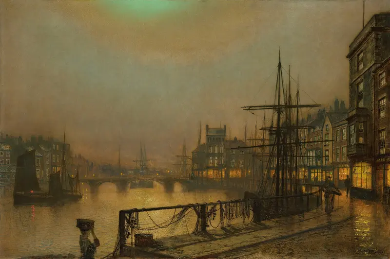 Oil painting by John Atkinson Grimshaw depicting Whitby at night with an abbey and lanterns.