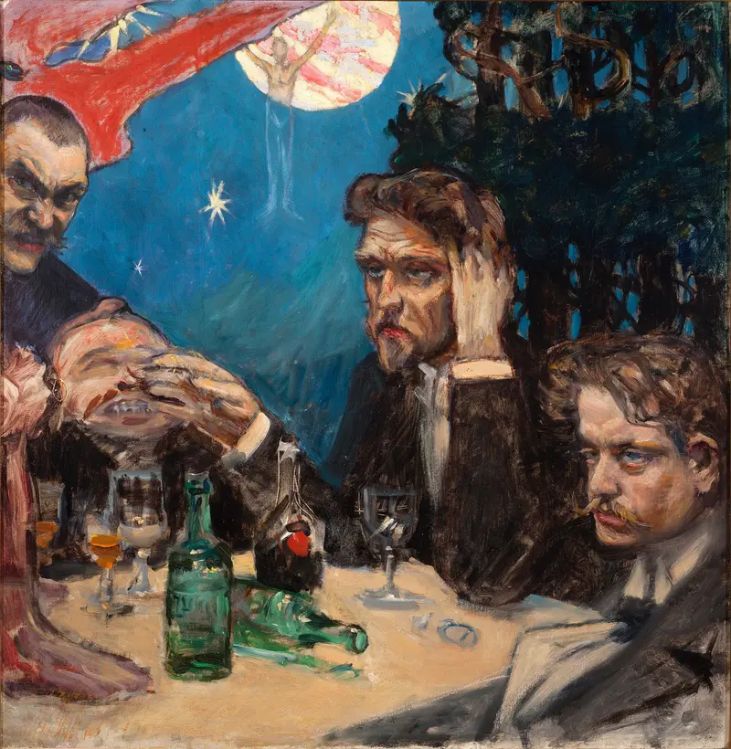 A table with bottles and glasses, three men in varied states of engagement, under a surreal moon.