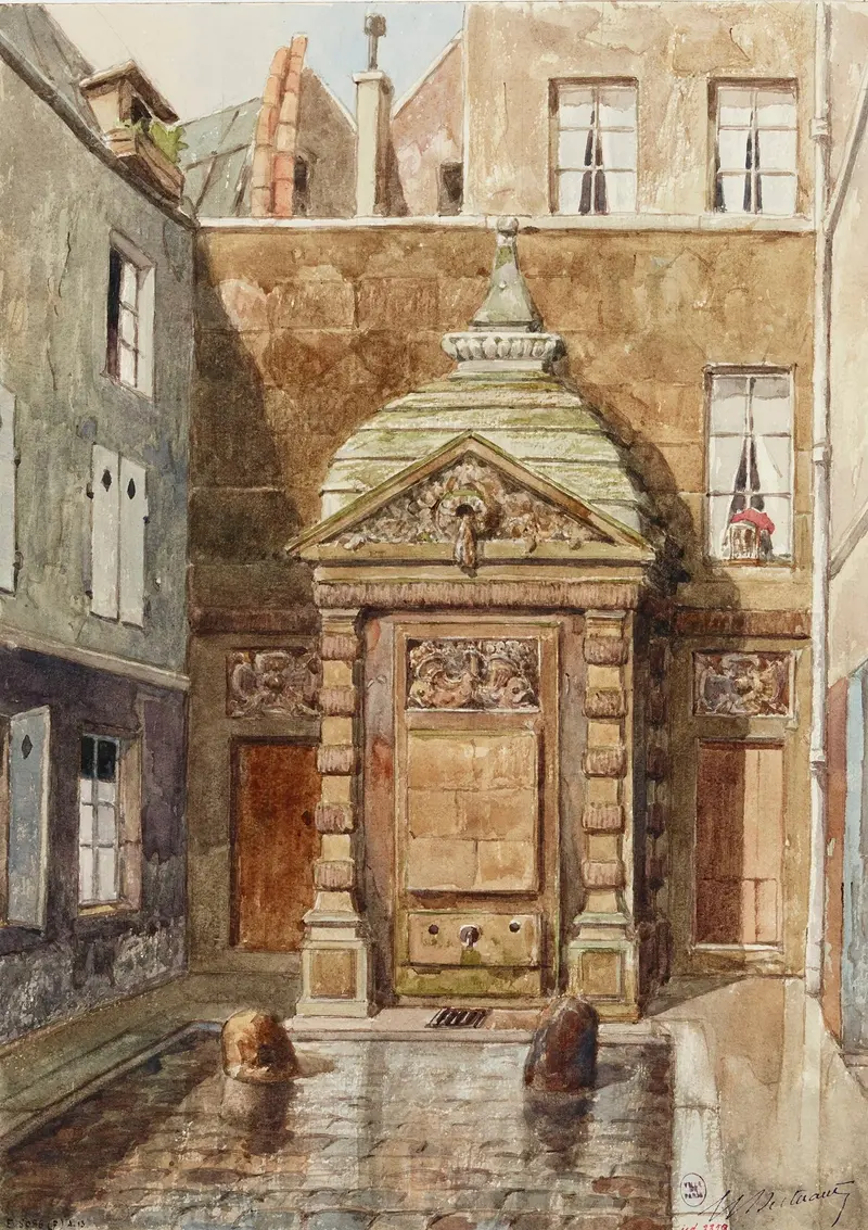 Ancienne fontaine Sainte Catherine by Henri Berthaut, impressionism, depicting a serene fountain in Paris.