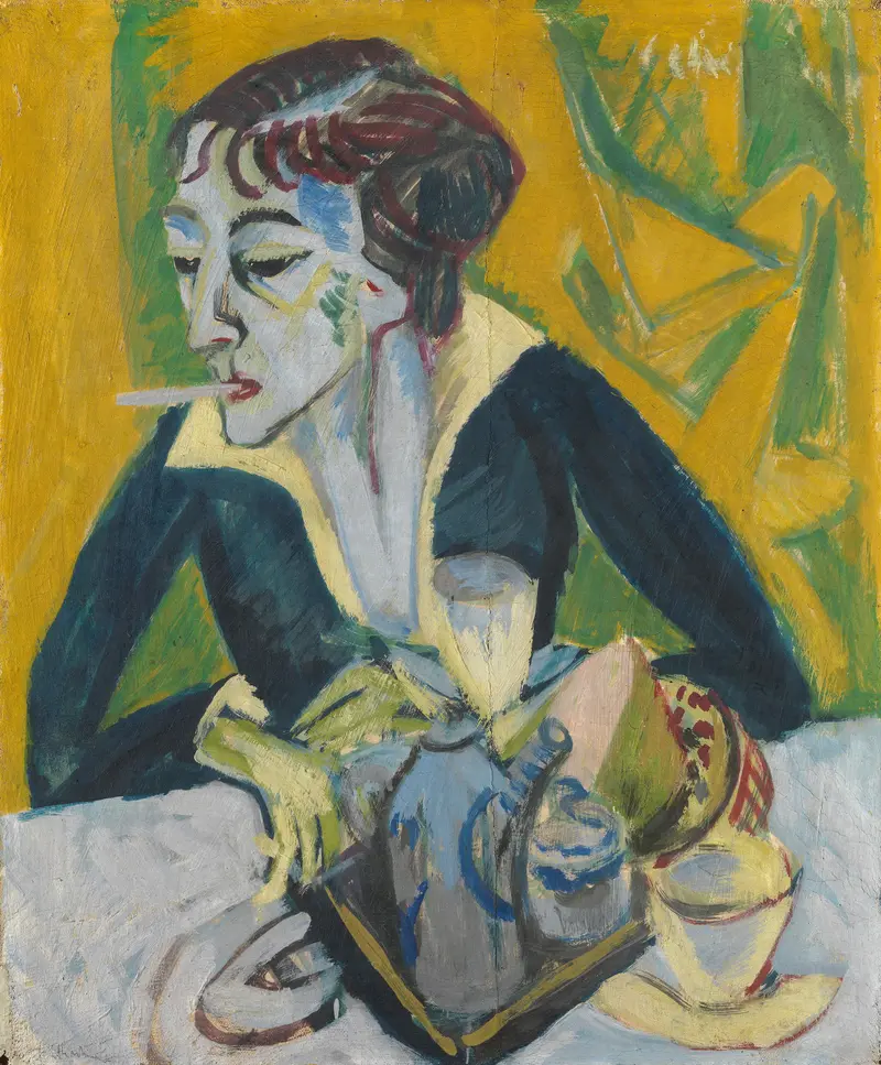 A woman leans over a breakfast table, cigarette in her lips, lost in thought with angular brushstrokes defining her features.