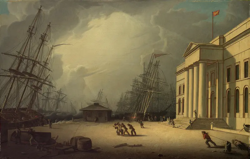 The Custom House at Greenock, Scotland by Robert Salmon, oil painting depicting a harbor scene.