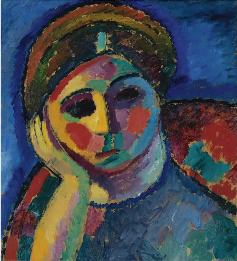 A woman’s face emerges from vibrant colors, her hand on her cheek, lost in thought amidst a storm of reds, blues, and yellows.