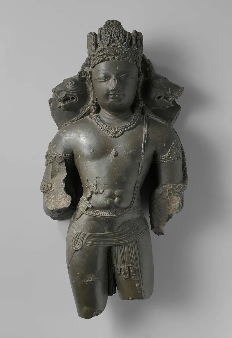 Three-headed Vishnu sculpture in stone by unknown artist