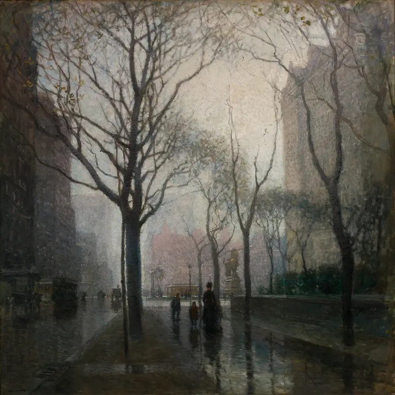The Plaza after the Rain, oil on canvas by Paul Cornoyer, depicts a rain-soaked city with reflections.