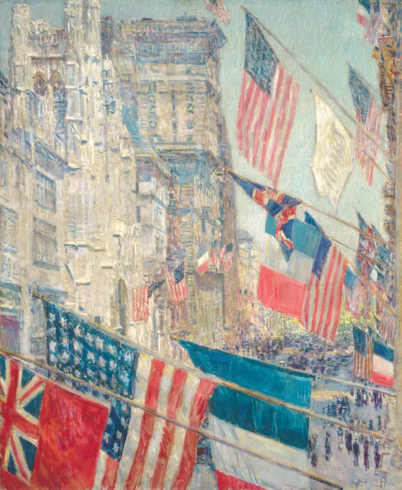 Allies Day, May 1917 by Childe Hassam, oil on canvas, depicting a crowd with flags in celebration.