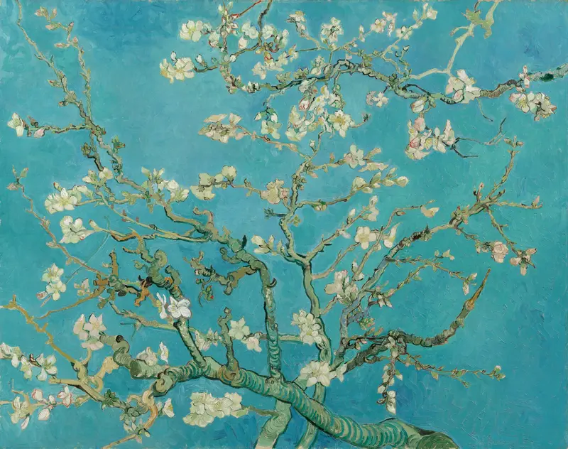 Pale almond blossoms cluster on twisting branches set against a vivid blue sky with textured brushstrokes and overlapping forms.