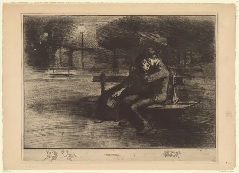 Two lovers embrace on a park bench, illuminated by lamplight, surrounded by shadowy trees and a quiet cityscape.