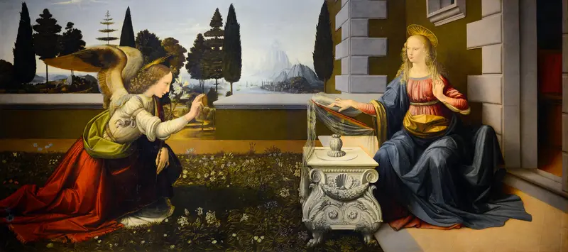 A seated woman beside a marble table with an open book faces a kneeling angel with outstretched wings against a landscape with mountains and cypress trees.