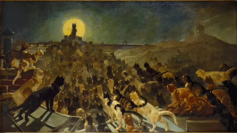 A gathering of cats under a full moon, with a central feline silhouette enthroned against a misty Paris backdrop.