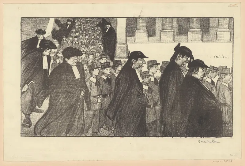 A procession of somber figures in black robes and uniformed students, set against monumental architecture.