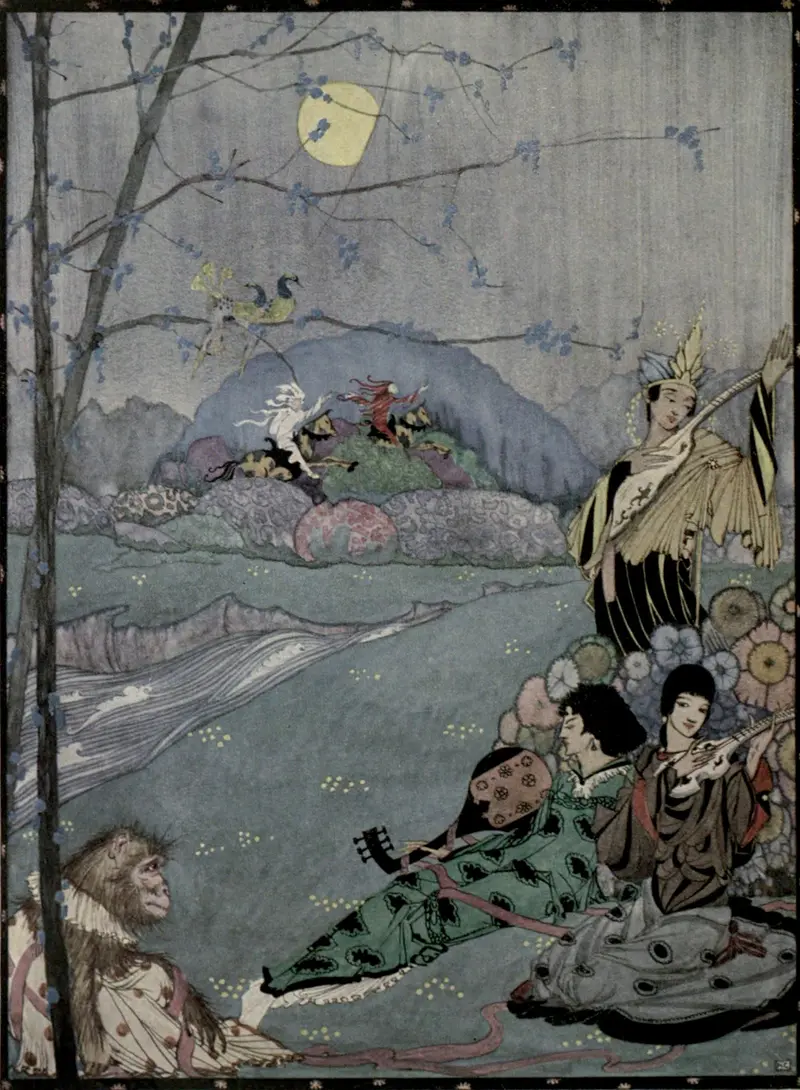 A dreamlike landscape with a full moon, flowering branches, musicians, and a monkey, evoking a sense of enchantment.