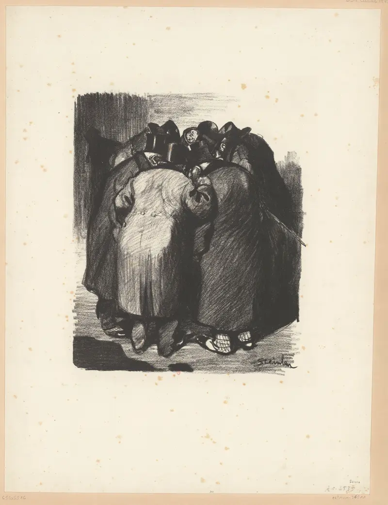 A group of men in overcoats and top hats huddled together, their faces obscured, suggesting secrecy and conspiratorial intent.